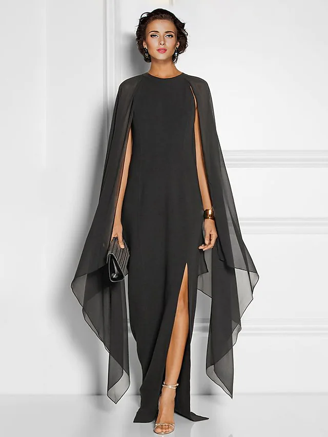 Elegant chiffon formal evening dress with jewel neck and split front.