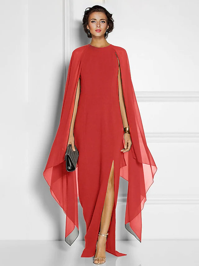 Back view of a floor-length chiffon formal dress.
