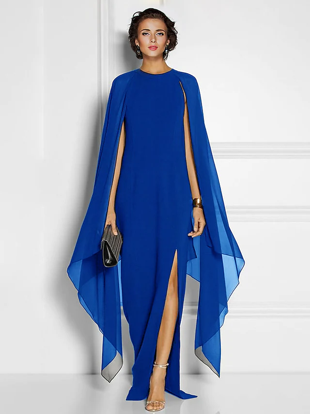 Side view of a sleeveless chiffon evening gown.