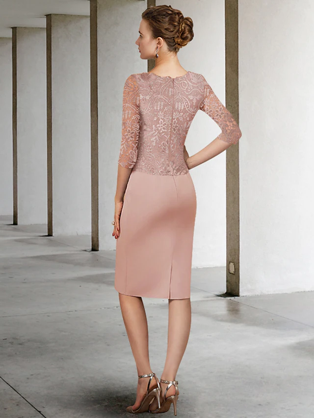 Model showcasing the elegant knee-length, half-sleeve, jewel-neck lace sheath dress.