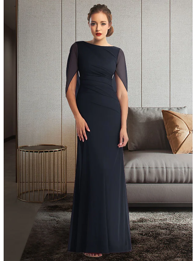 Elegant jewel neck chiffon Mother of the Bride dress with half sleeves and pleats.
