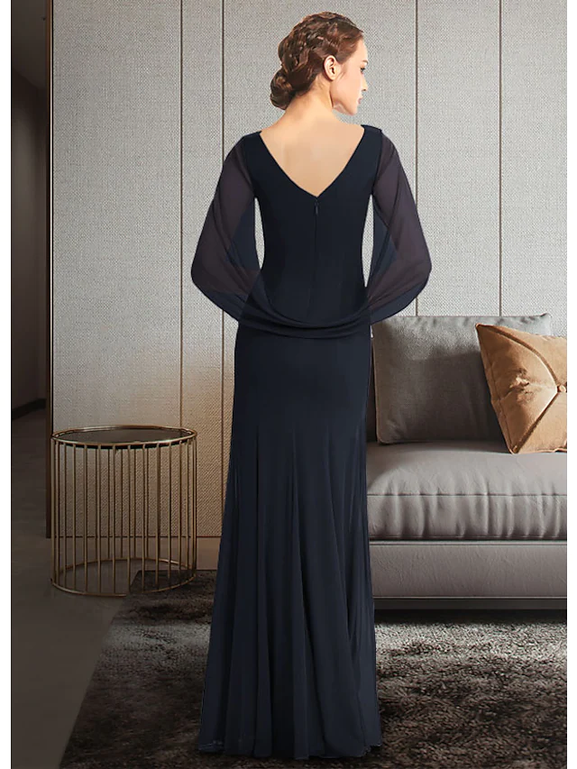 Ankle-length Mother of the Bride dress showing ruching detail and flowing chiffon fabric.