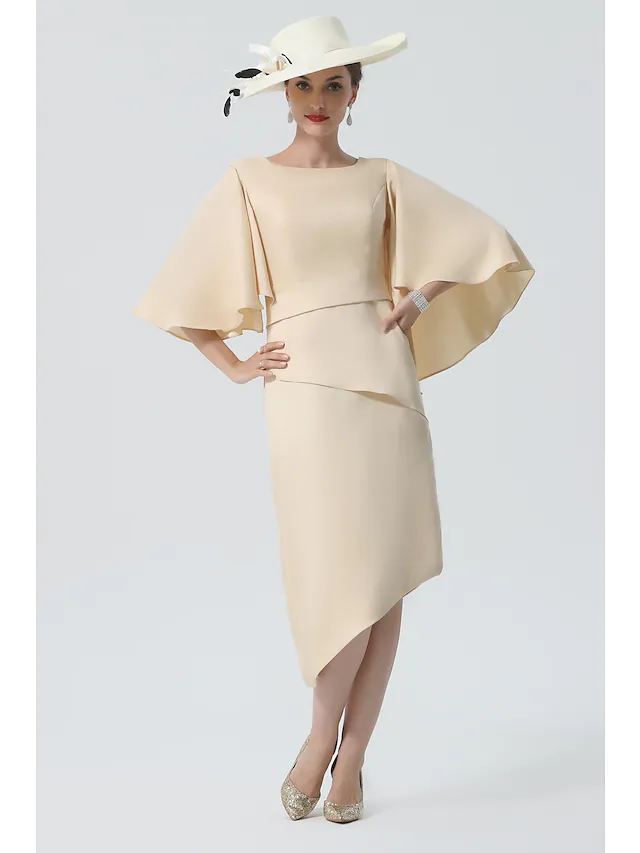 Elegant Mother of the Bride dress with jewel neck and half sleeves, front view.