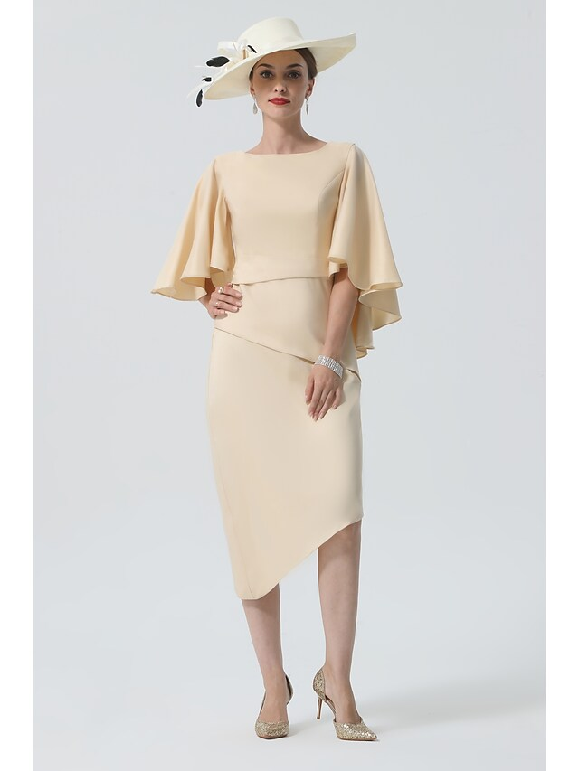 Knee-length charmeuse Mother of the Bride dress, side view.