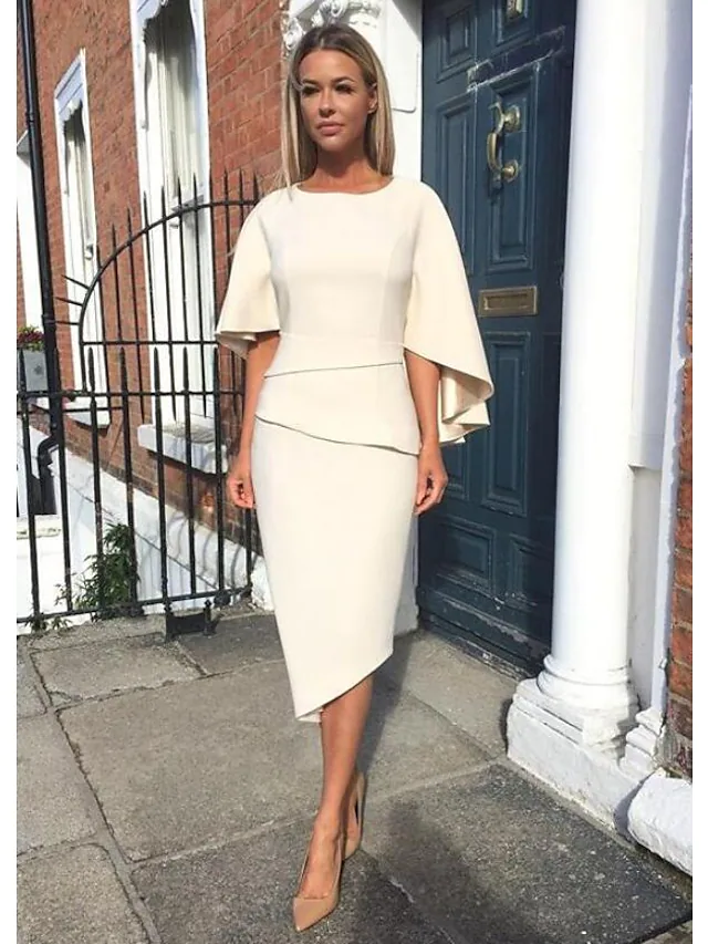 Elegant Mother of the Bride dress with jewel neck and half sleeves, front view.