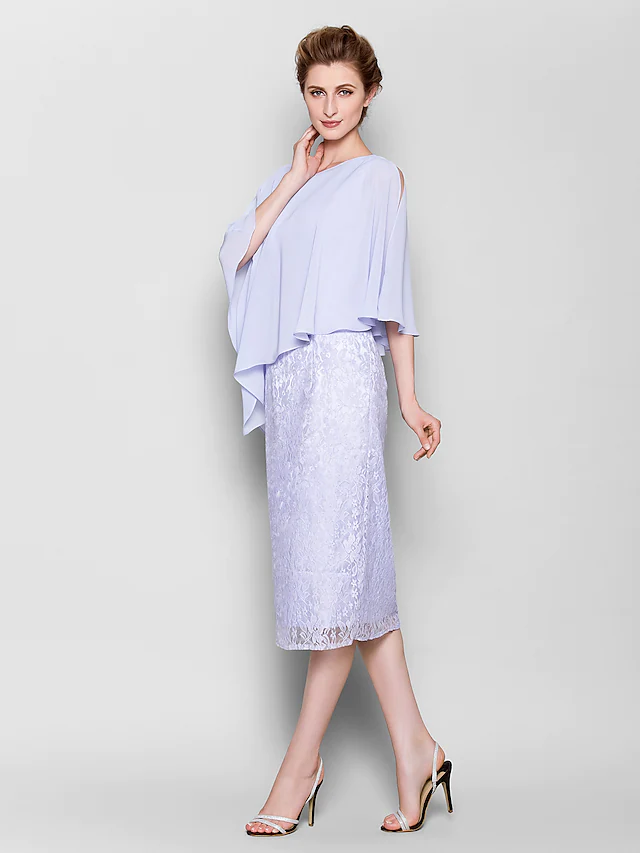 Mother of the Bride Sheath Dress with Jewel Neck and 3/4 Lace Sleeves.