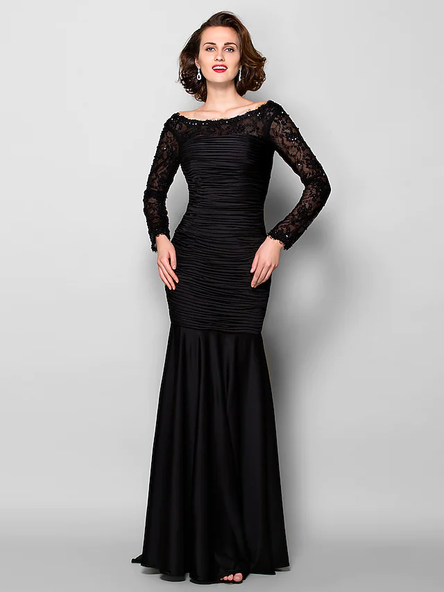 Elegant Mother of the Bride dress with jewel neck and long lace sleeves.