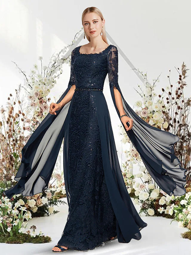 Model wearing an elegant sheath chiffon evening gown.