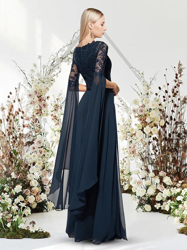 Close-up of the jewel neck and short sleeves on the chiffon evening gown.