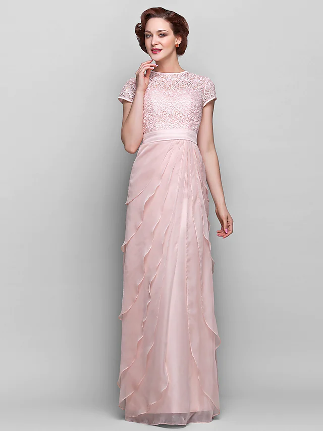 Elegant jewel neck short sleeve Mother of the Bride dress, front view.