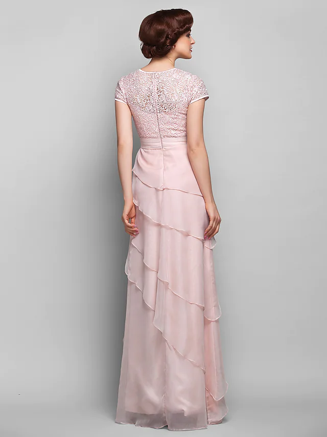 Side view of the chiffon lace floor-length gown with delicate ruffles.