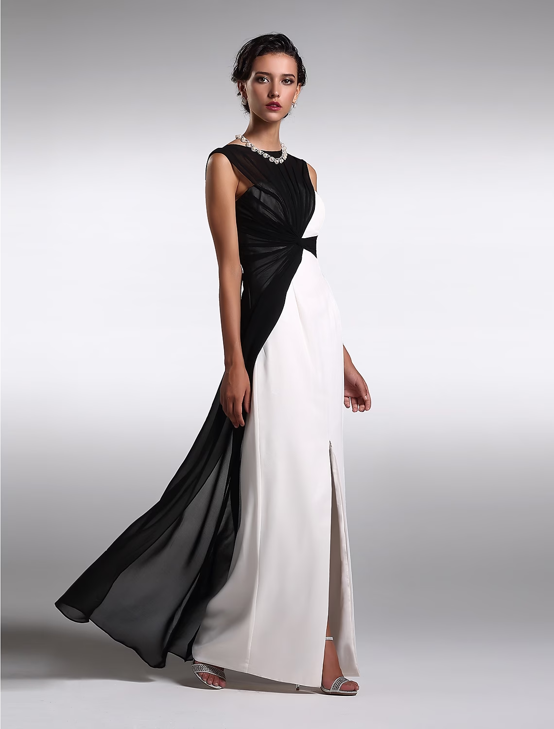 Black sleeveless formal dress with subtle ruching detail.