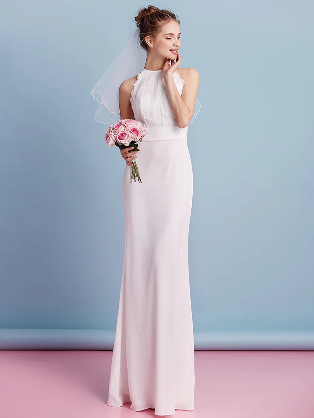 Elegant white sheath wedding dress with a jewel neck, regular straps, floral lace, and a lace sash.