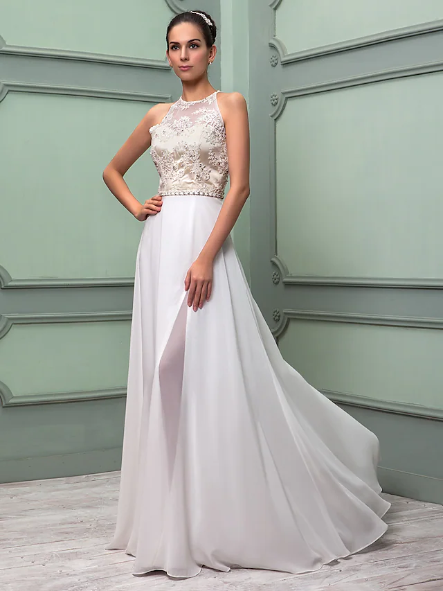 Side view of the wedding dress showcasing the sash ribbon and split detail.