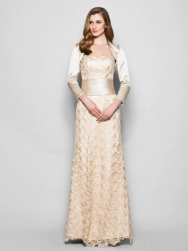 Elegant Mother of the Bride dress in a sheath style with sweetheart neckline and 3/4 sleeves, front view.