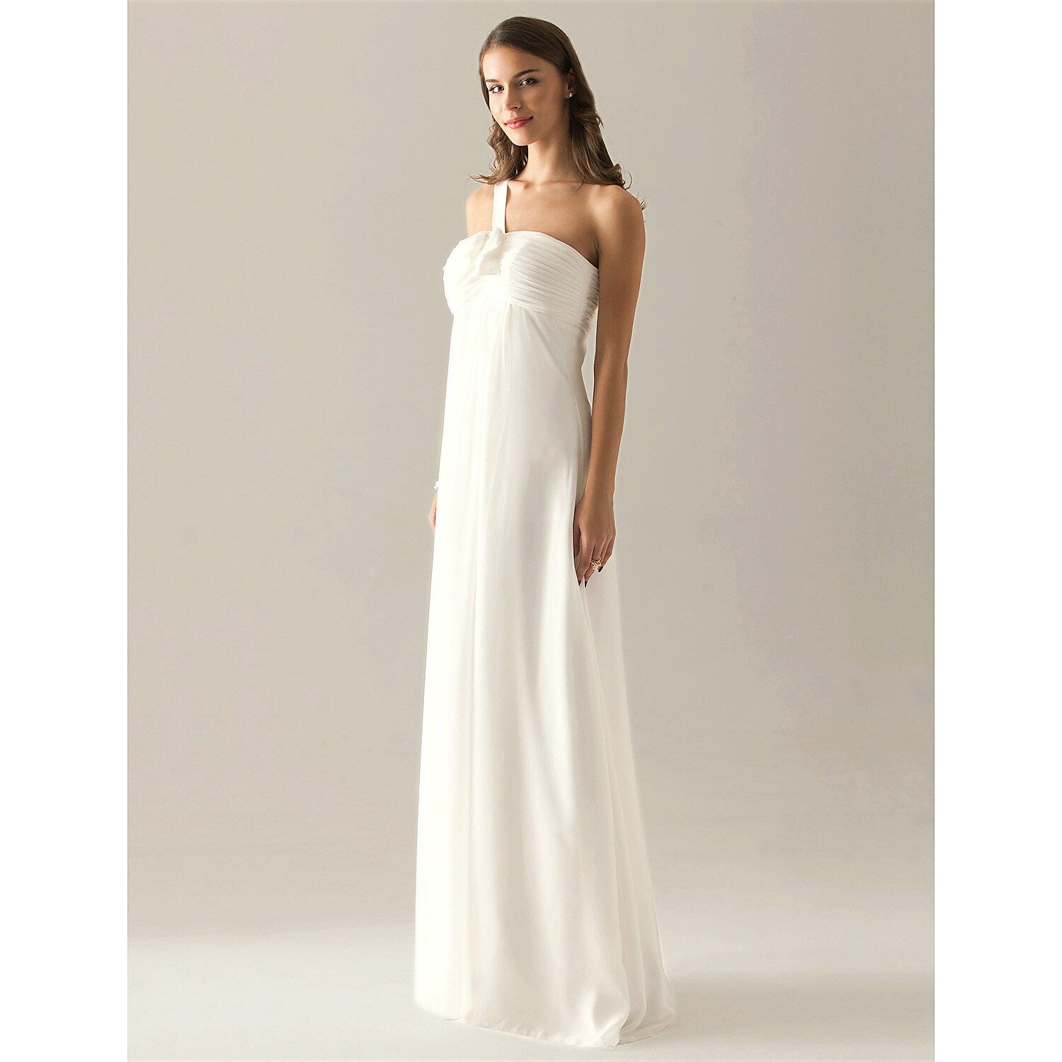 Close-up of the one-shoulder detail and ruched chiffon fabric.