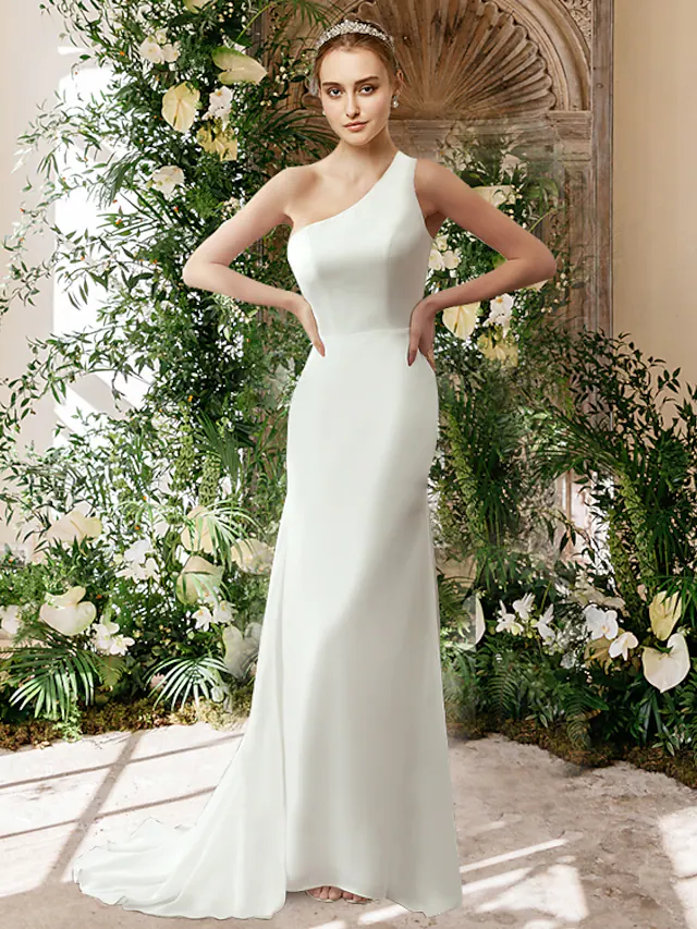 Elegant white one-shoulder chiffon sheath wedding dress with a sweep train.
