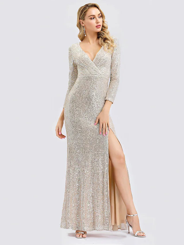 Back view of a floor-length sequined formal dress with a split.