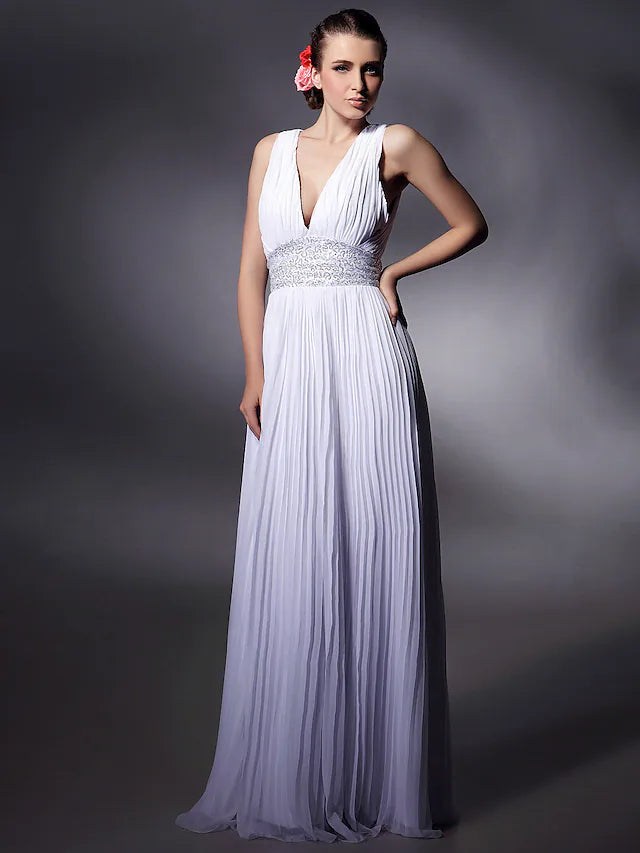 Elegant sheath prom dress with plunging neck, sleeveless design, and floor-length chiffon with beading and draping.