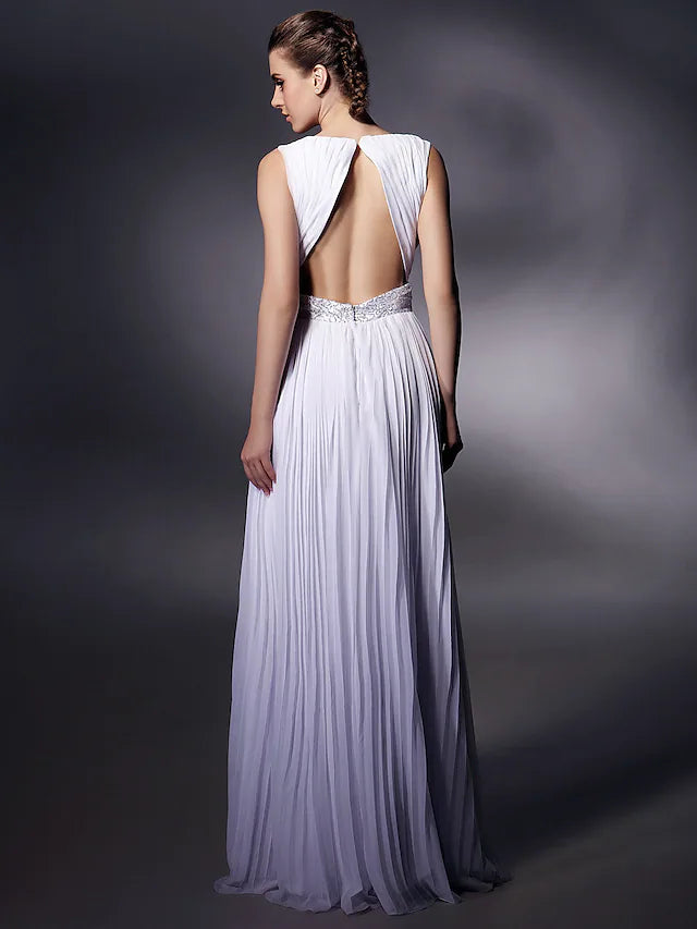 Side view of the sheath prom dress, showcasing the draping and floor-length design.