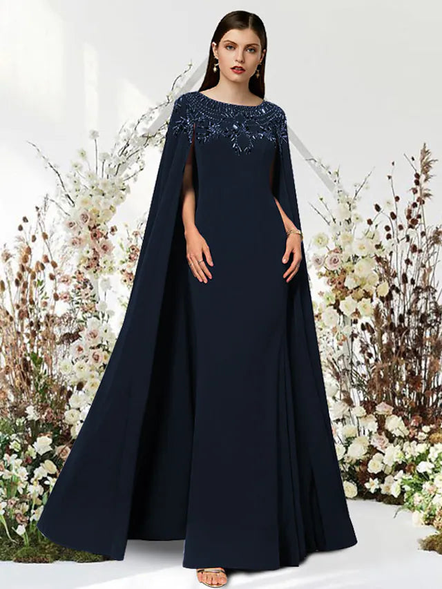 Model wearing an elegant jewel neck sheath prom dress with intricate beading and a sweep train.