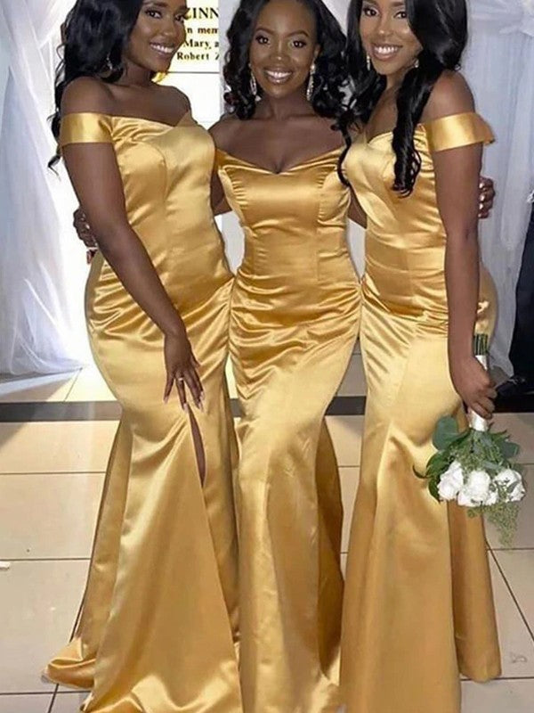 Elegant yellow satin off-the-shoulder bridesmaid dress with ruffled detailing.