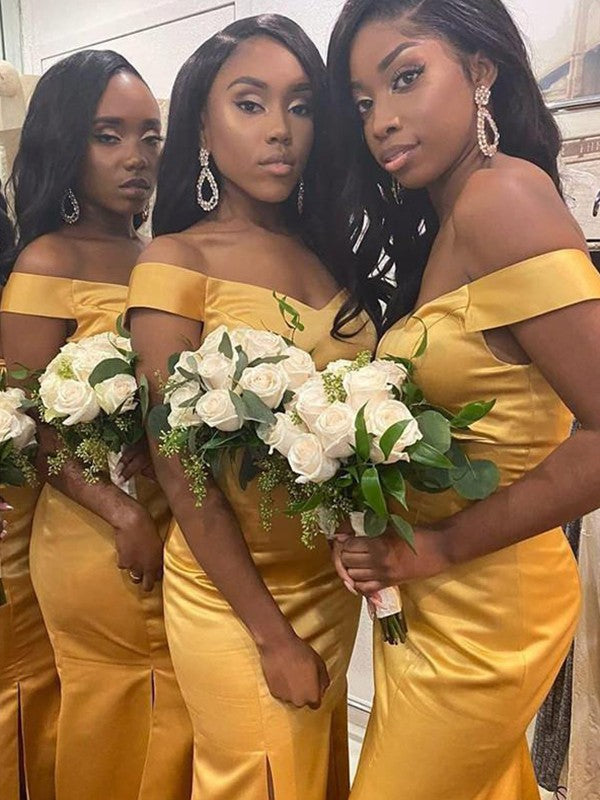 Full-length view of a yellow satin bridesmaid gown with an off-shoulder neckline.