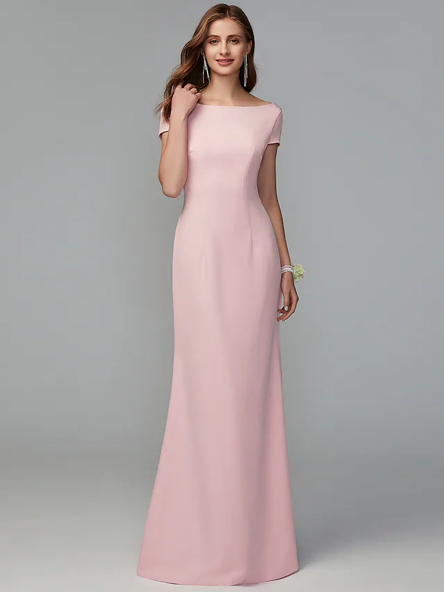 Front view of an elegant scoop neck floor length bridesmaid dress.