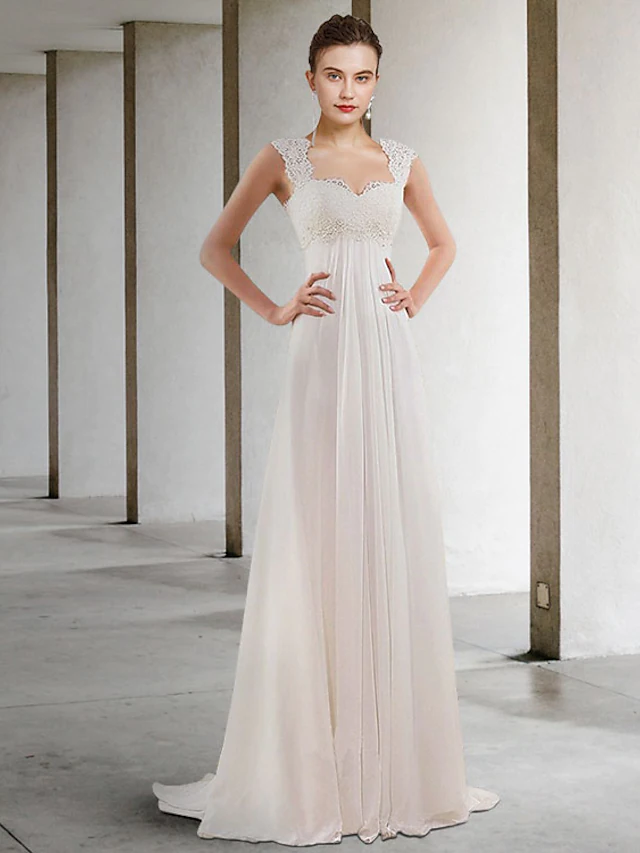 Elegant white wedding dress with scoop neck, chiffon, and lace details.