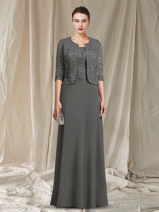 Elegant floor-length Mother of the Bride dress with a square neck and matching wrap.