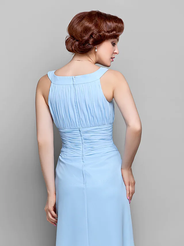 Full length view of the tea-length formal dress.