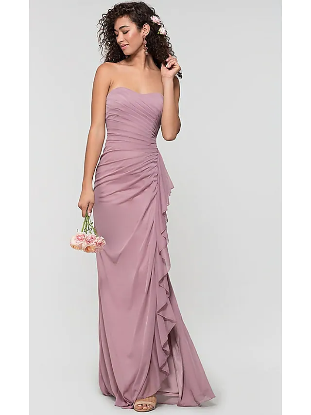 Elegant sweetheart chiffon bridesmaid dress with ruffles, split front, and open back.
