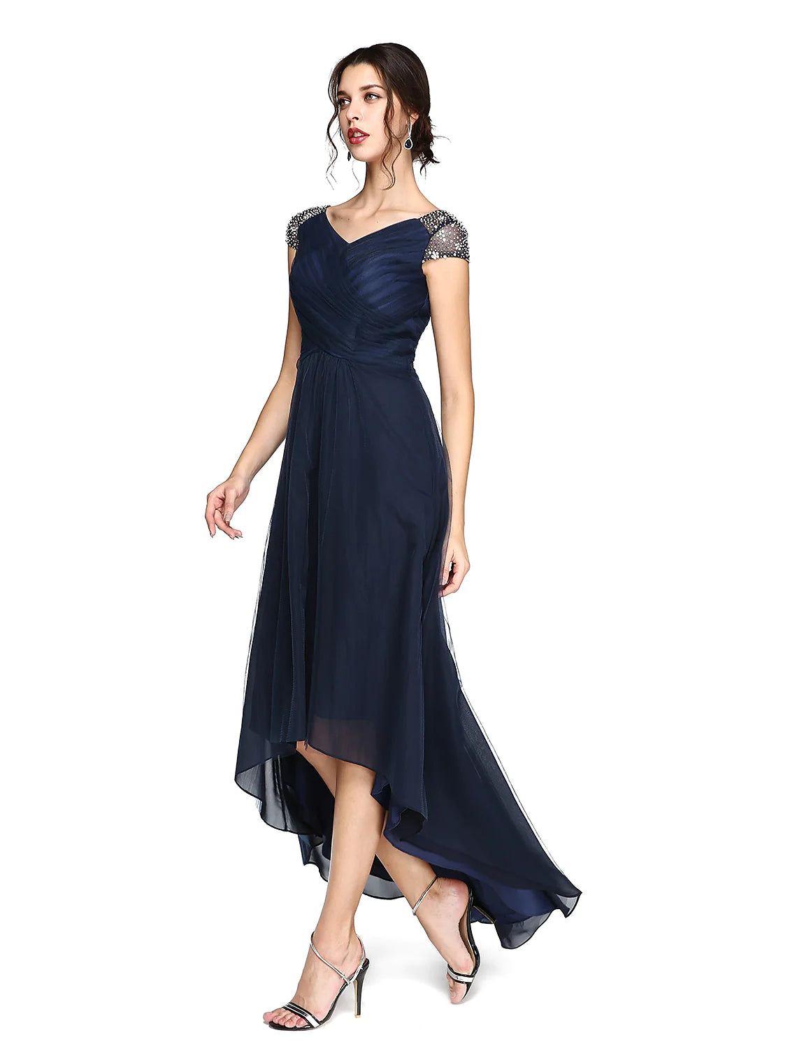 Front view of an elegant sheath midi dress with V-neck and asymmetrical short sleeves.
