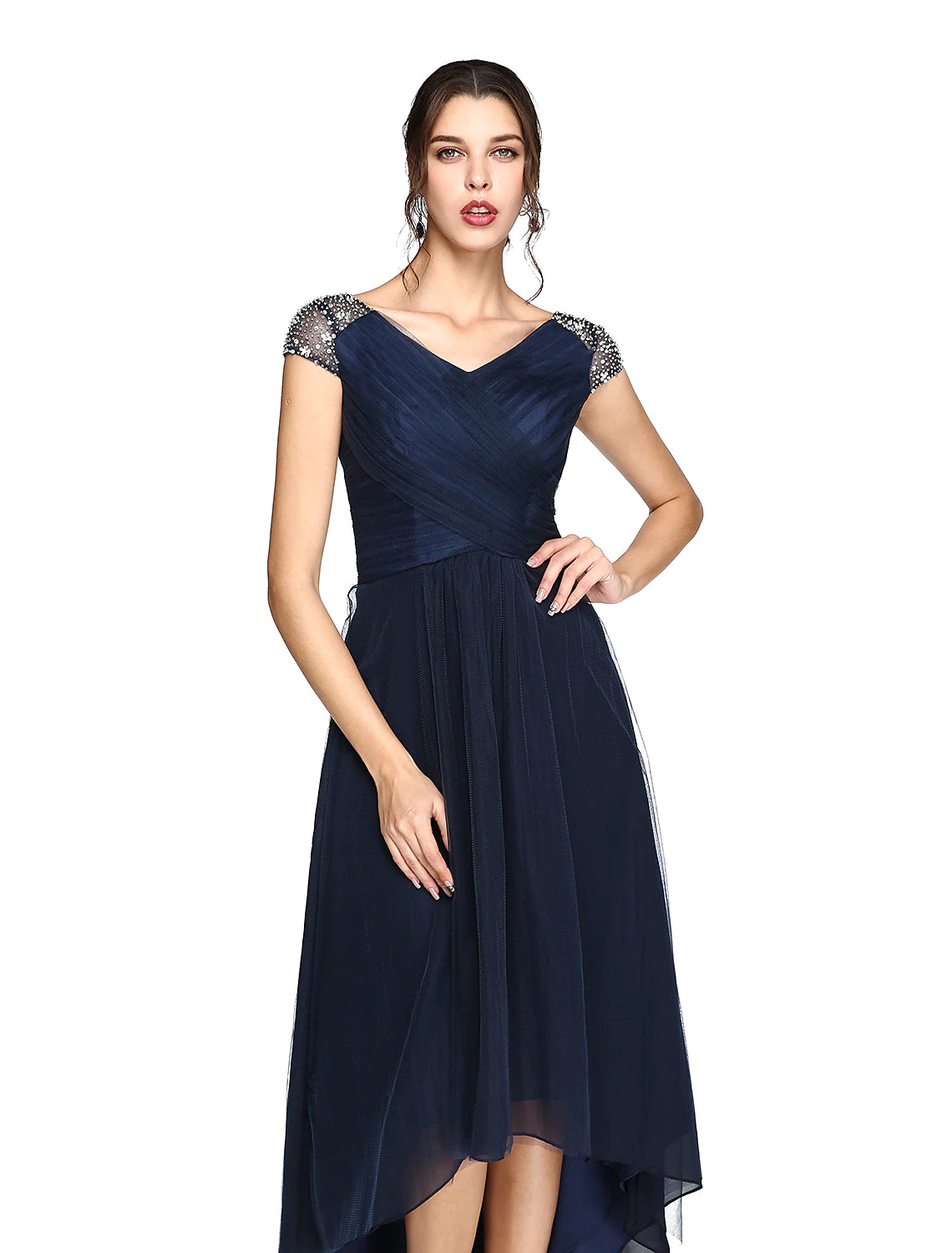 Close-up of the V-neckline and asymmetrical short sleeve with beading.