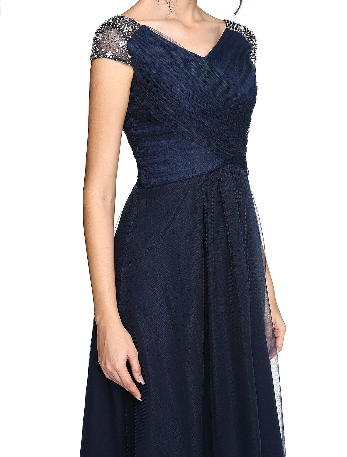 Full length view of the elegant sheath dress, perfect for wedding guests.