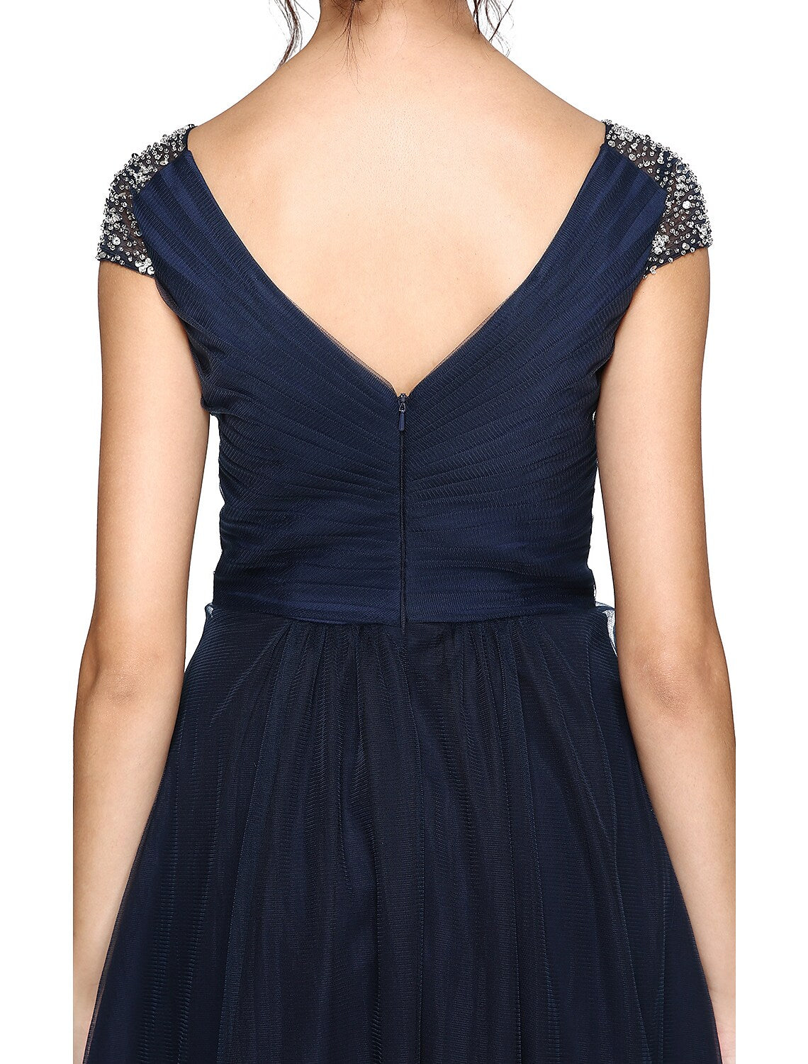 Rear view showcasing the elegant drape and fit of the column dress.