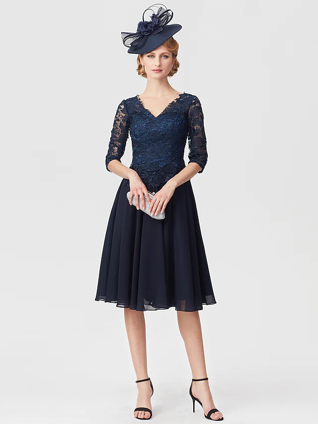 Elegant V-neck chiffon lace mother of the bride dress, front view.
