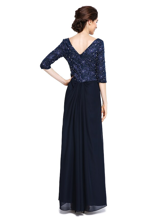 Back view of the elegant V-neck, half-sleeve, ankle-length Mother of the Bride dress with lace details.