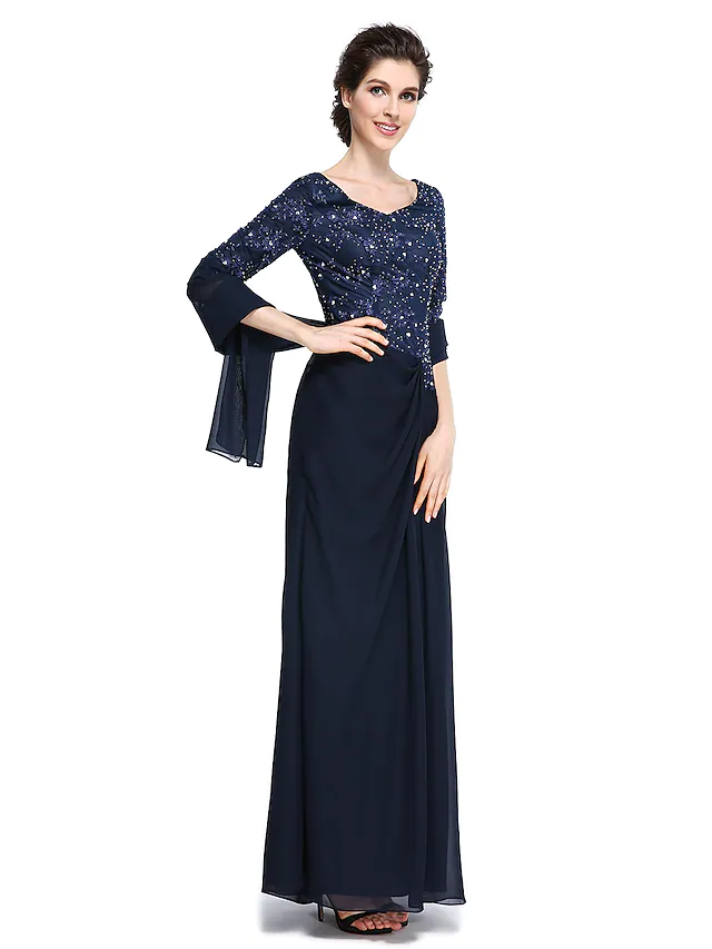 Side view of the elegant V-neck, half-sleeve, ankle-length Mother of the Bride dress with lace details.