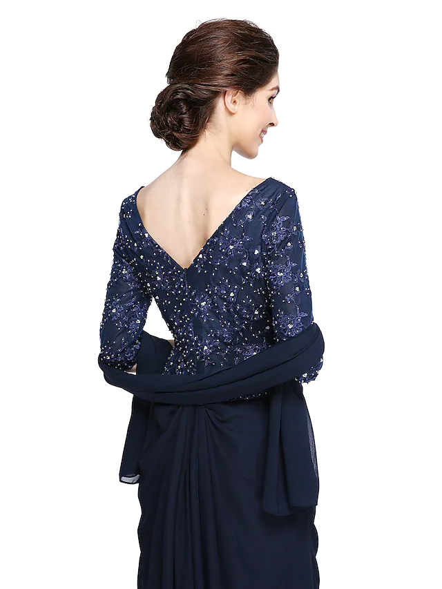 Full length view of the elegant V-neck, half-sleeve, ankle-length Mother of the Bride dress.