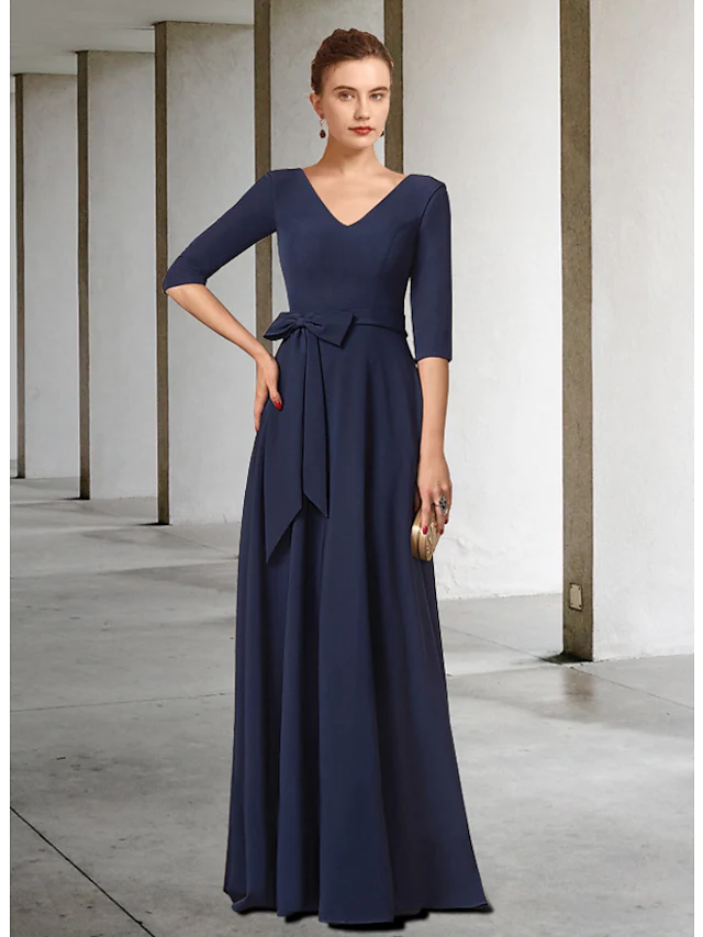 Elegant V-neck half-sleeve floor-length Mother of the Bride dress with sash and pleats.