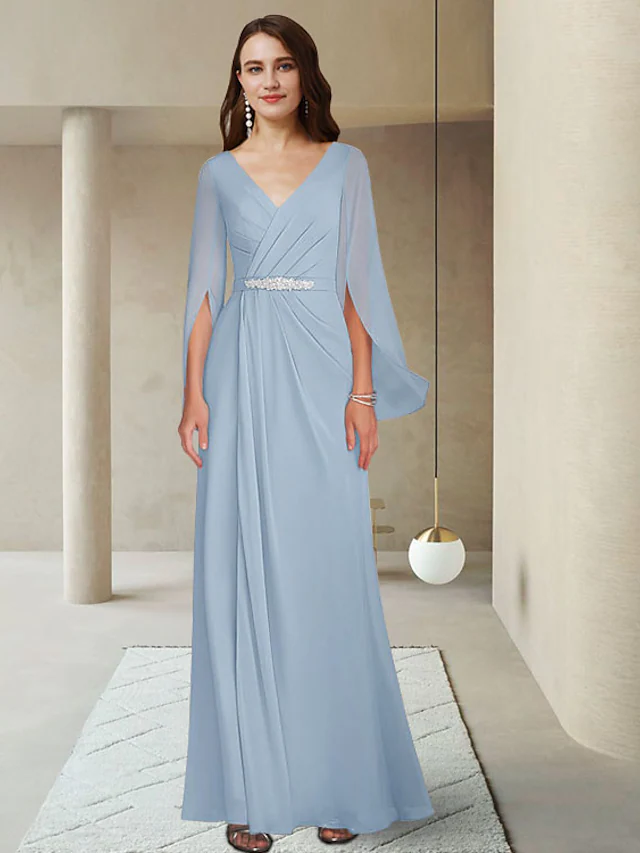 Elegant V-neck chiffon dress with long sleeves and crystal brooch.