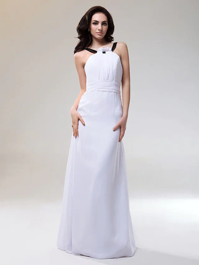 Elegant floor length bridesmaid dress with V-neck and ruched bodice.