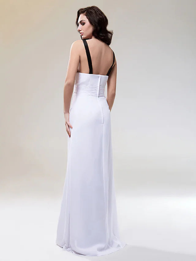 Bridesmaid dress in chiffon and stretch satin, showing full length.