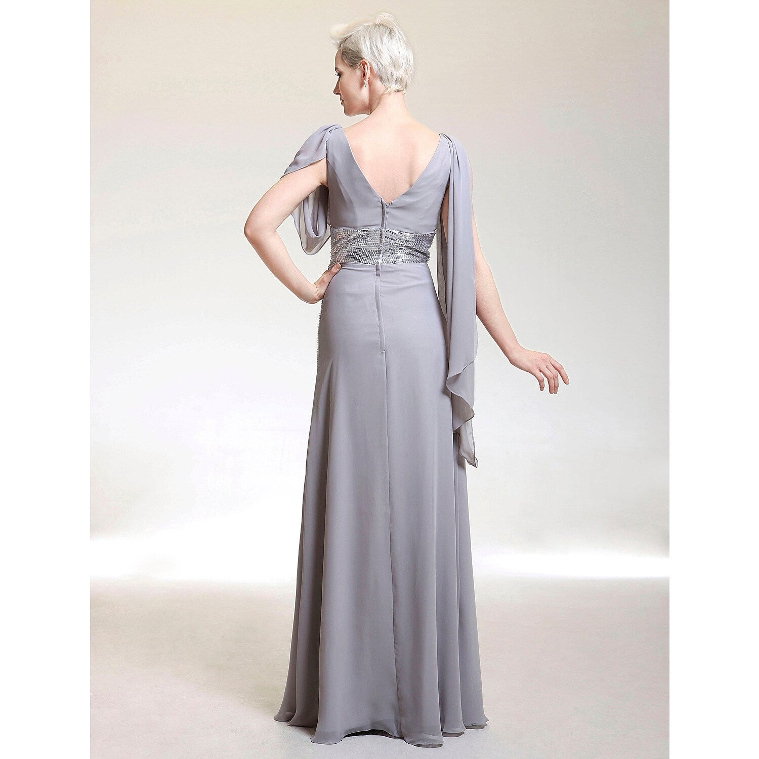 Front view of a formal chiffon evening gown with V-neck and short sleeves.