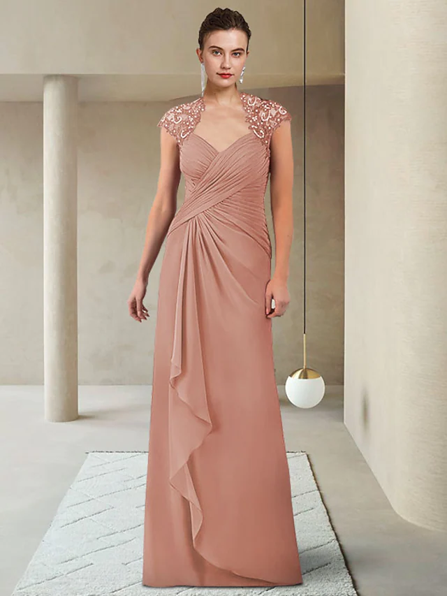 Elegant V-neck mother of the bride dress with short sleeves, chiffon lace, beading, and ruching.