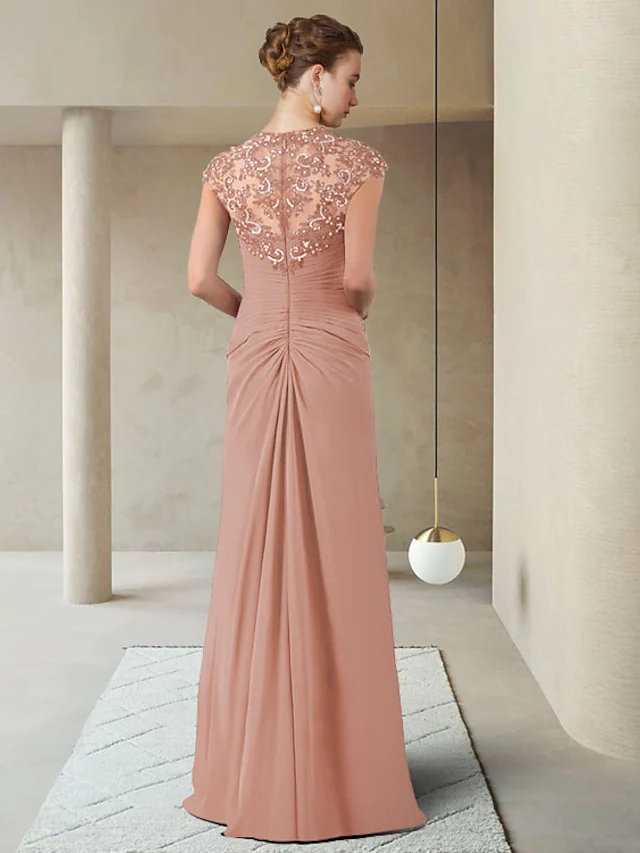 Full view of the elegant V-neck mother of the bride dress, highlighting its floor-length design.
