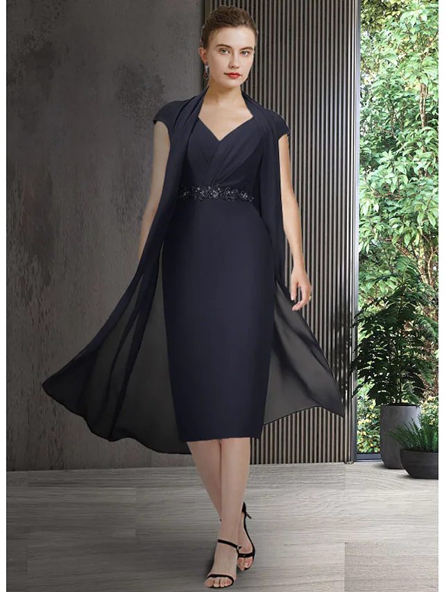 Elegant Mother of the Bride dress with V-neck, short sleeves, and sash ribbon.