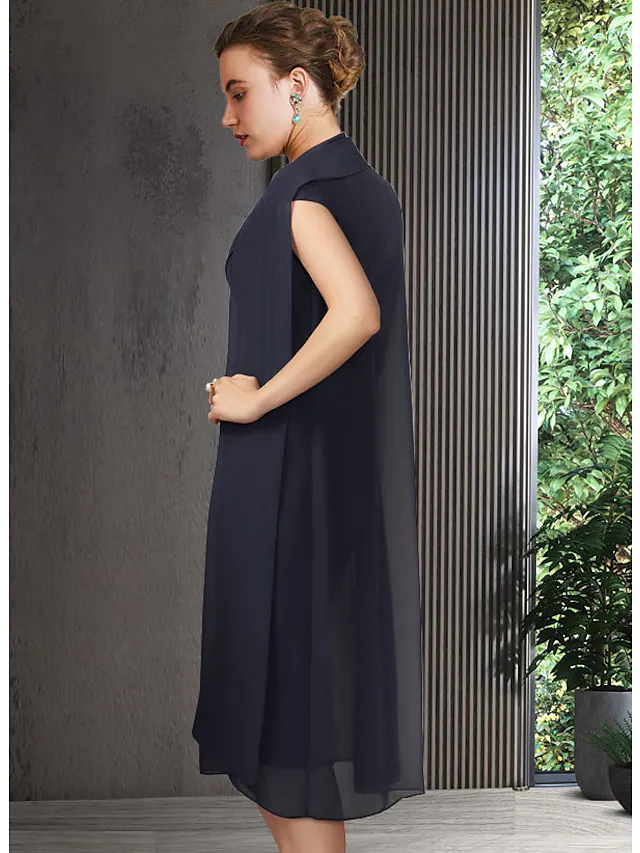 Mother of the Bride dress, V-neck, short sleeve, knee-length.