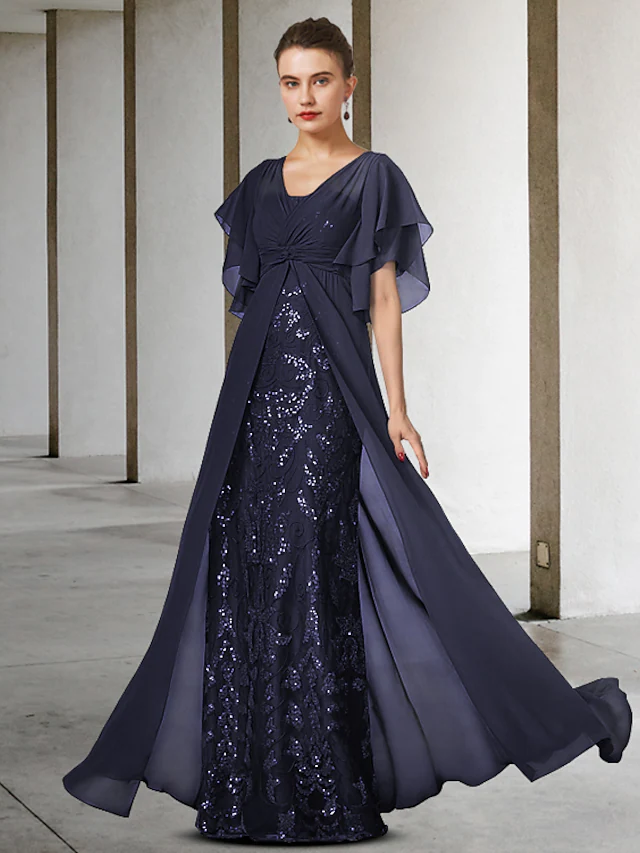 Elegant V-neck lace sequined mother of the bride dress with short sleeves and appliques, front view.